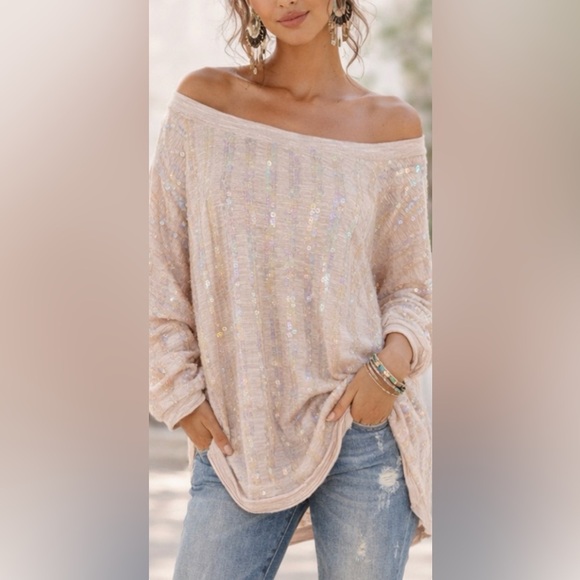 Free People Sweaters - Free People Dusty Pink Oversized Boho Sequin Embellished Sweater Top Size S